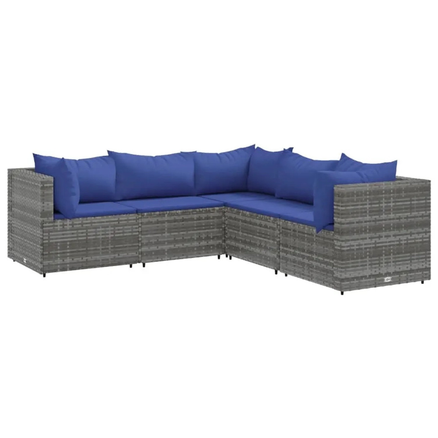 vidaXL 5-tlg Garten-Lounge-Set in L-Form mit Kissen, Grau und Blau, Poly-Rattan und Metallgestell - Bild 2