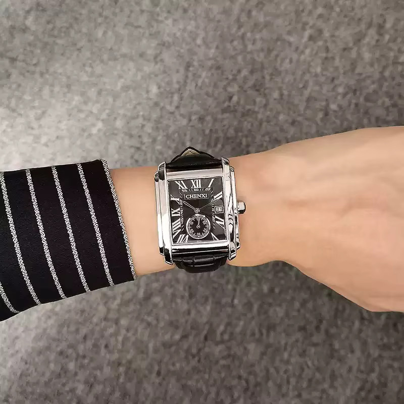 CHENXI Armbanduhr Herren, Quarz, Eckiges Zifferblatt, Leder, Silber - Bild 2