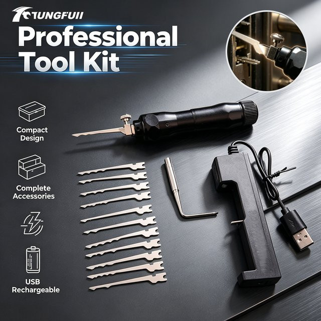 Tungfull Elektrisches Lockpicking-Set Schwarz – Wiederaufladbares Professionelles Schlosserwerkzeug-Kit mit Ersatzklingen - Bild 1