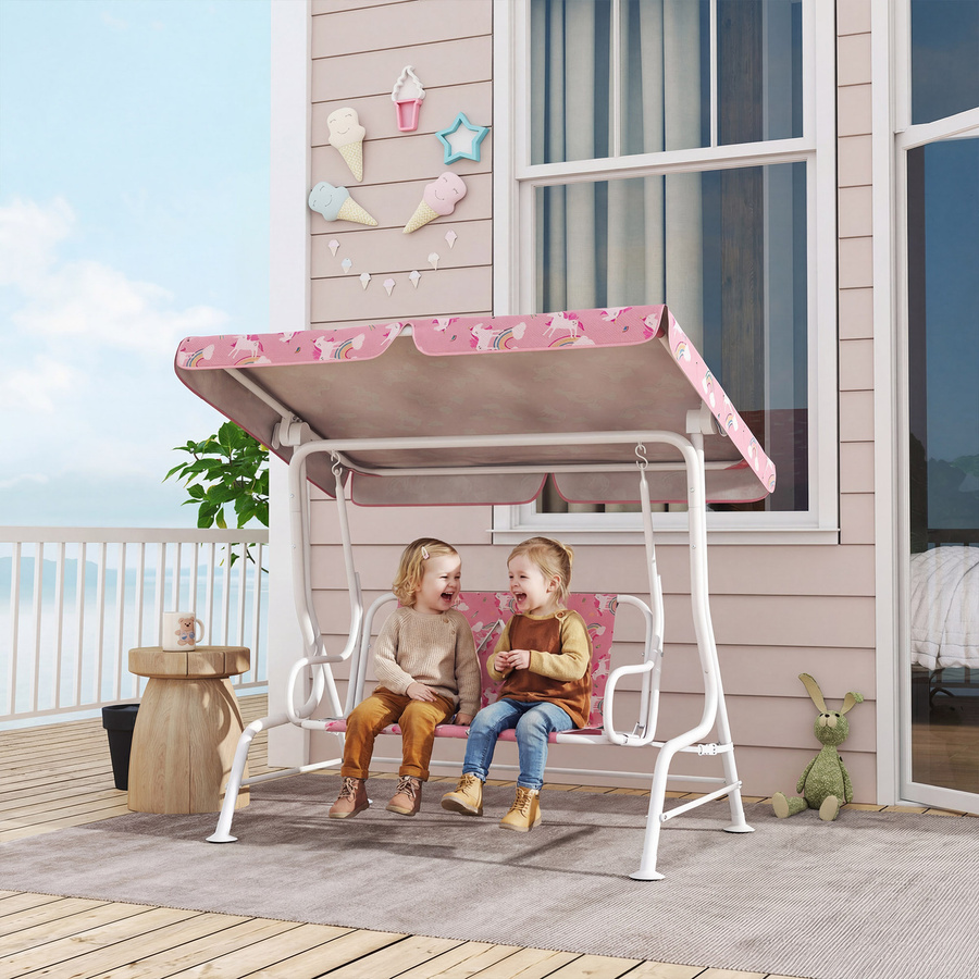 AIYAPLAY Kinder Hollywoodschaukel 2-Sitzer mit verstellbarem Sonnendach und Sicherheitsgurt, Rosa Einhorn- und Regenbogen-Design für Kinder bis 60 kg - Bild 2