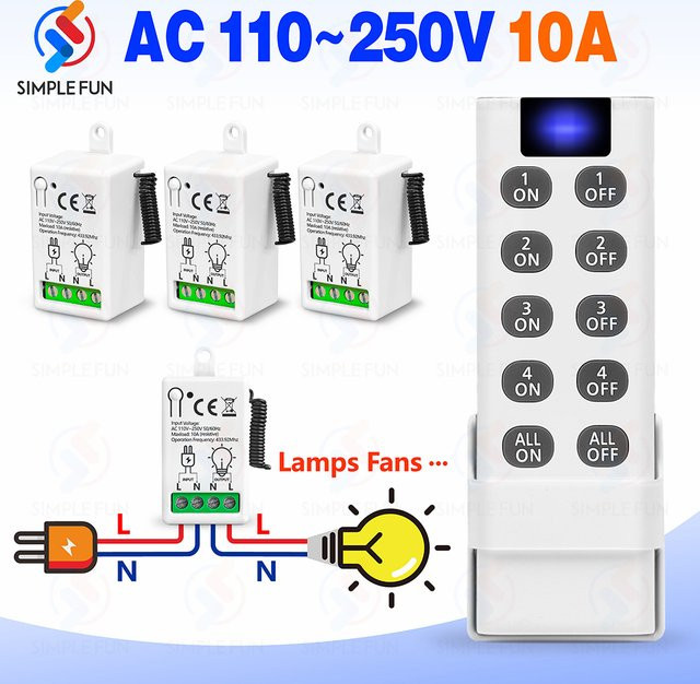 SLMPLEFUN 4-in-1 kabelloser Fernbedienungs-Lichtschalter mit 433 MHz Sender für Lampen und LED-Lüfter, Weiß - Bild 1