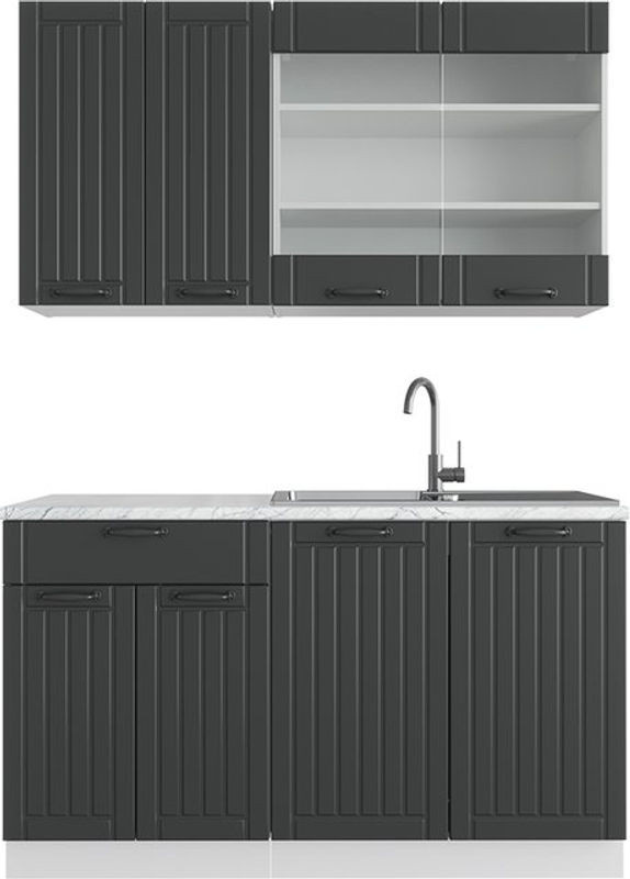 Vicco Singleküche Fame-line Küchenzeile im Landhausstil, Anthrazit und Weiß mit Marmor-Optik, Breite: 140 cm - Bild 1