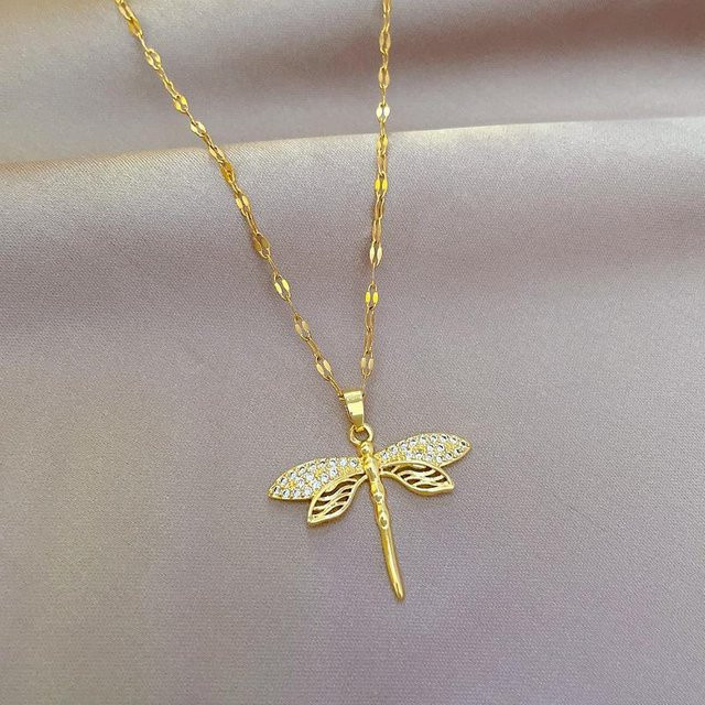 Halskette Libelle Anhänger, Edelstahl, Gold, Damen - Bild 1