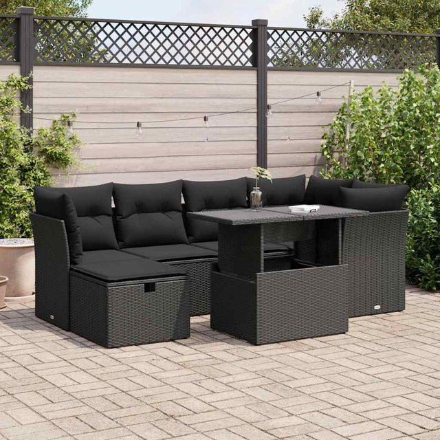vidaXL 7-teilige Garten-Sofagarnitur in U-Form aus Polyrattan mit Kissen in Schwarz - Bild 3