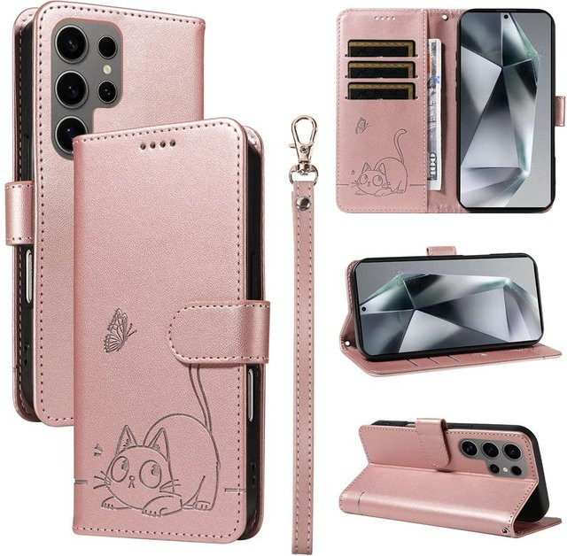 Magnetische Leder-Klapphülle für Samsung Galaxy S25 S24 S23 S22 S21 S20 Plus Ultra FE mit geprägtem Katze und Schmetterling Design in Pink - Bild 1