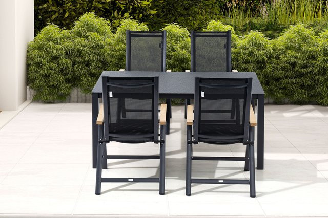 OUTFLEXX Garten-Essgruppe aus Alu und Spraystone mit 4 Klappstühlen, Anthrazit Matt/Grau/Schwarz, B: 160 cm, T: 95 cm, H: 74 cm - Bild 1