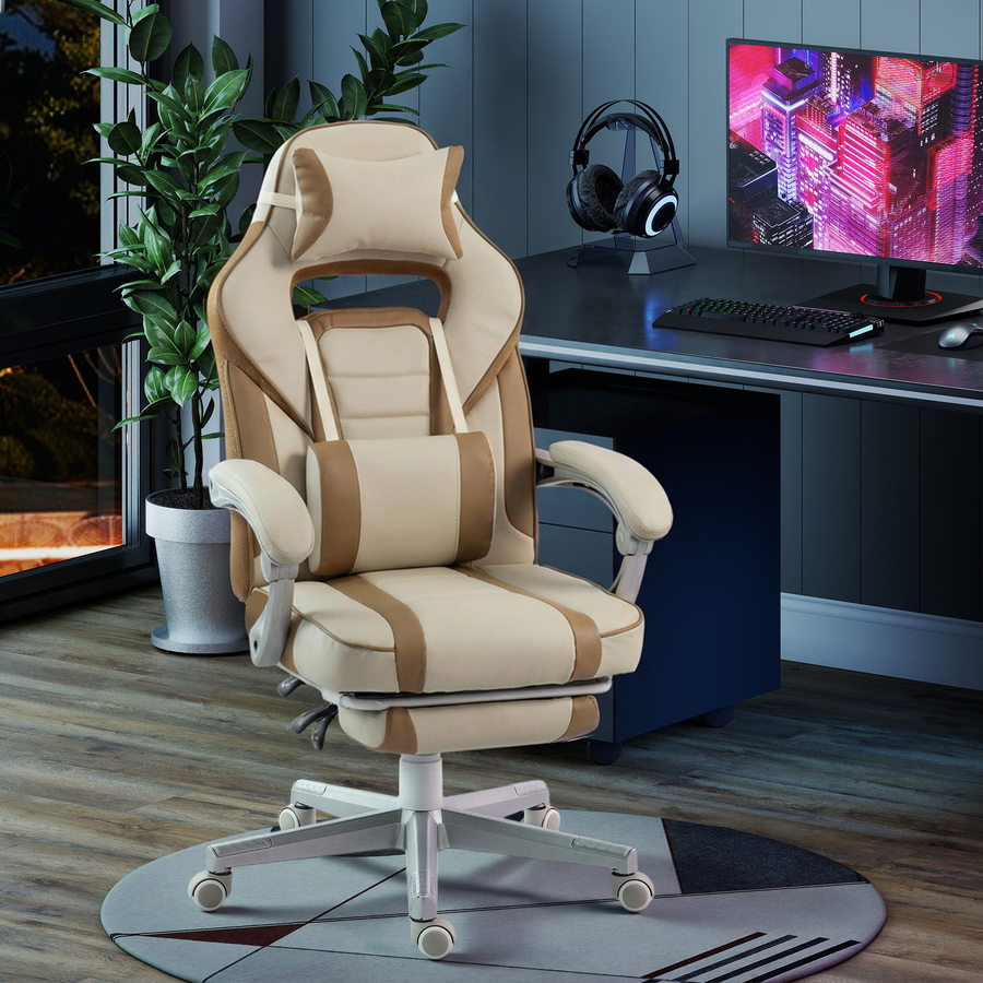 HOMCOM Gaming-Stuhl in Creme mit ausziehbarer Fußstütze, Lendenstütze und abnehmbarem Nackenkissen, höhenverstellbar und neigbar - Bild 2