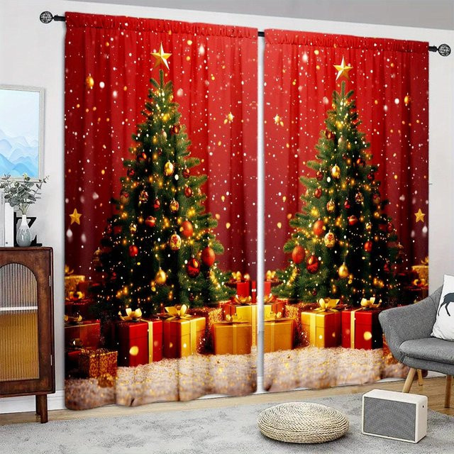 2er-Set Weihnachts Vorhänge mit Weihnachtsbaum- und Geschenk-Print, Schwarz und Rot, B: 52,5 cm, H: 116 cm - Bild 1
