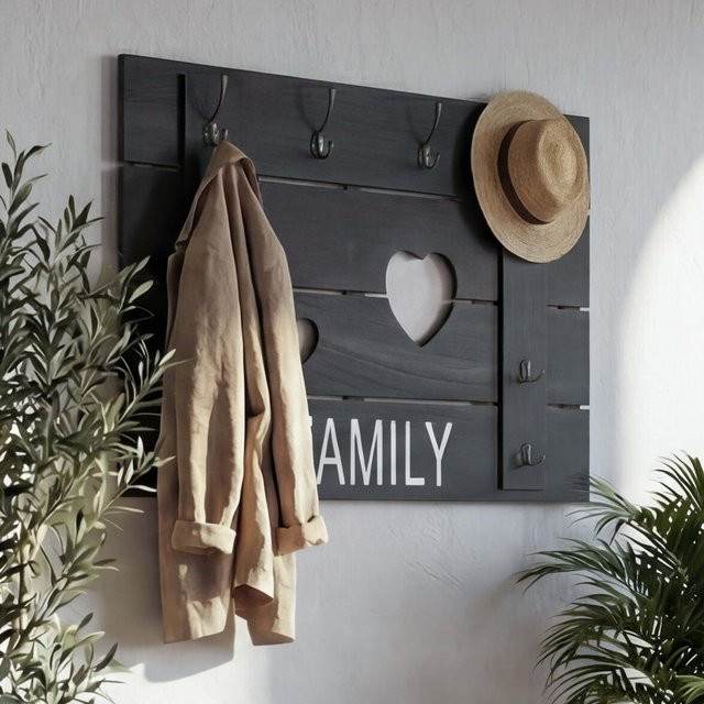 Wandgarderobe MCW C89 Family aus Paulowniaholz im Shabby-Look Vintage mit 8 Haken, Farbe: Anthrazit, B: 60 cm, H: 90 cm - Bild 1