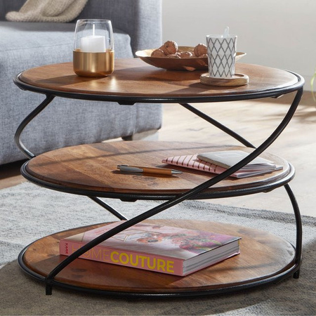 FineBuy Couchtisch aus Sheesham Massivholz in Braun mit Ablagen im Industrial Design, Durchmesser: 58 cm, Höhe: 40,5 cm