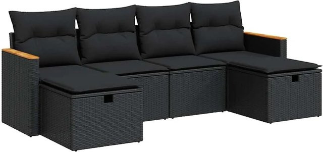 vidaXL 6-teilige Garten-Sofagarnitur aus Polyrattan in Schwarz mit Kissen und Stauraum - Bild 1
