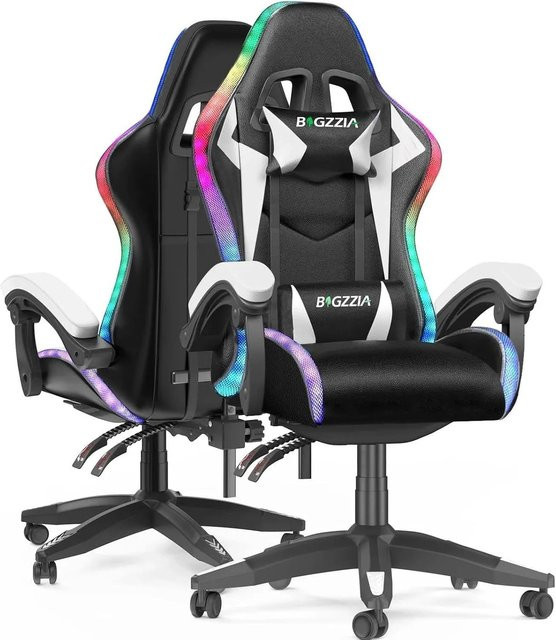 Rattantree Ergonomischer Gaming Stuhl mit LED Beleuchtung in Weiß mit Kopfstütze und Lendenstütze - Bild 1