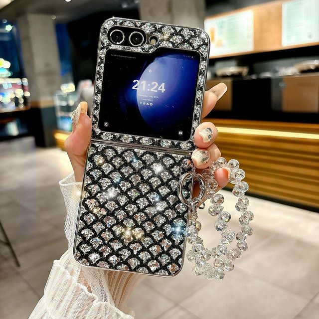 Glitzernde Handyhülle mit Fischschuppenmuster und Kristall-Glücksarmband für Samsung Galaxy Z Flip3, Z Flip4, Z Flip5 und Z Flip6 in Grau - Bild 1