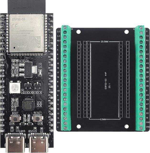 Espressif ESP32-S3-DevKitC-1 Entwicklungsboard mit Erweiterungsadapter, WiFi und Bluetooth, 8MB PSRAM, N16R8, 44-Pin, USB-C, Schwarz - Bild 1