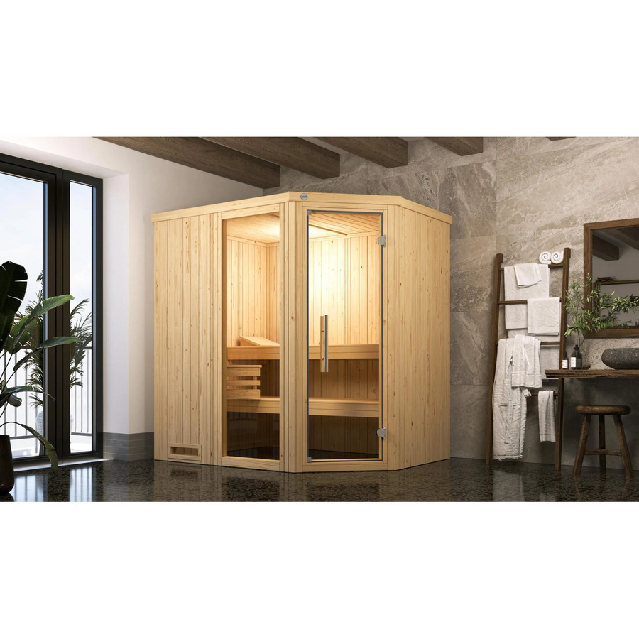 Weka Elementsauna Varberg mit Sparset 7,5 kW und Glasfront in Braun, B/H/T: 194 x 199 x 144 cm - Bild 2