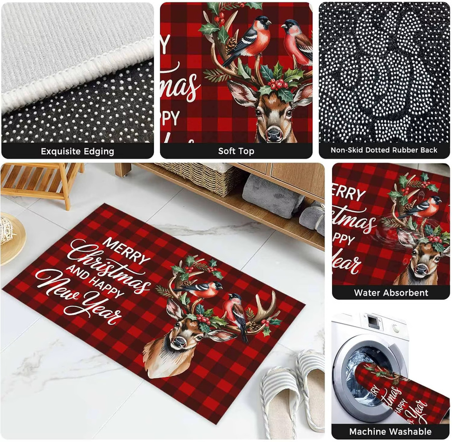 VIKAMA Weihnachts-Elch Willkommensmatte in Schwarz und Rot mit Karomuster für Wohnzimmer und Außeneingang - Bild 4