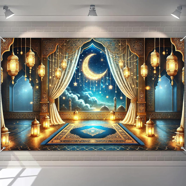 VIKAMA Ramadan Dekoration Banner mit Mond und Laterne als islamische Wanddekoration für Eid al Fitr und Familienpartys - Bild 1