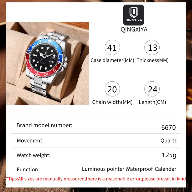 Qingxiya Armbanduhr Quarz, Edelstahl, Schwarz, Herren, Datum, Leuchtzeiger - Bild 2