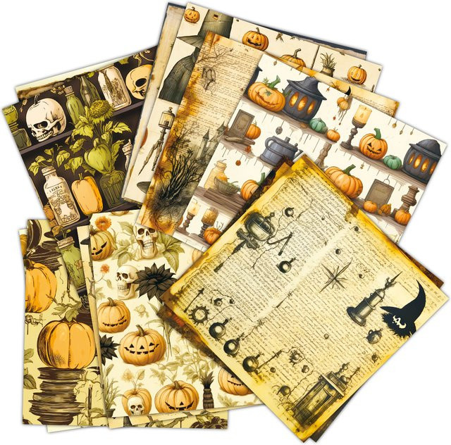 12 Stück Vintage Halloween Bastelpapier in Multicolour für handgemachte Requisiten und Geschenkverpackungen - Bild 1