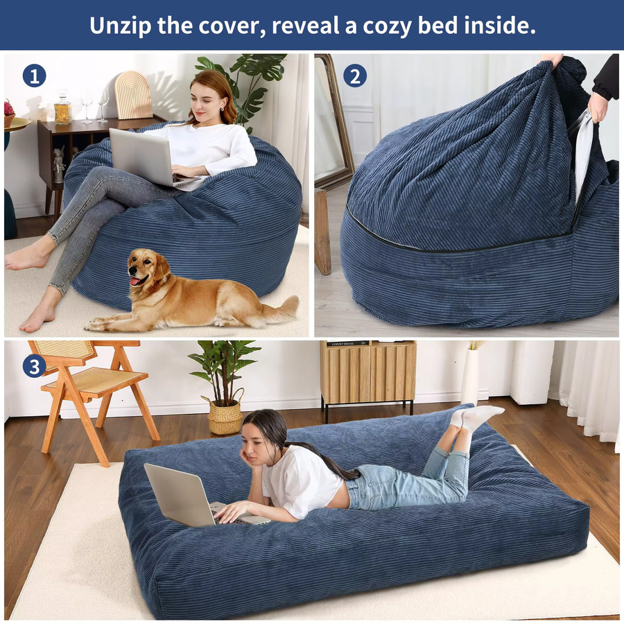HiMISS 2-in-1 Cord-Sitzsack für Erwachsene als konvertierbares Bodensofa und Matratze in Blau - Bild 5