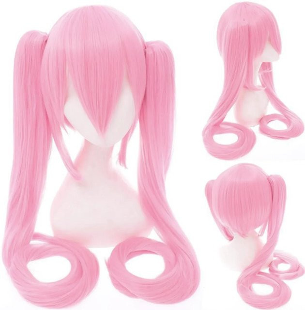 Anime Cosplay Perücke, Doppelte Zöpfe, Rosa, Synthetikfaser, 110 cm - Bild 1