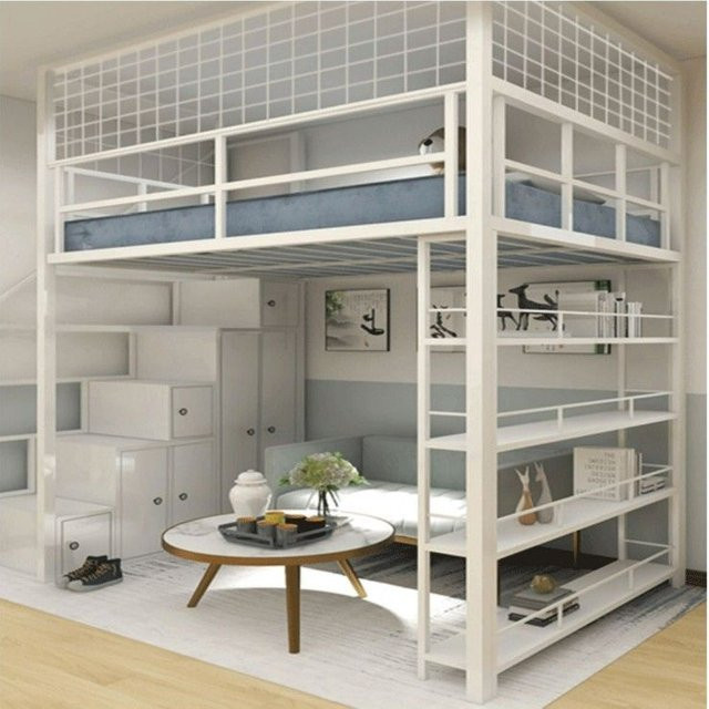 Minimalistisches MODX Hochbett aus Metall mit Stauraum und Treppe in Weiß für Erwachsene, Matratzenmaß 120 x 200 cm - Bild 1