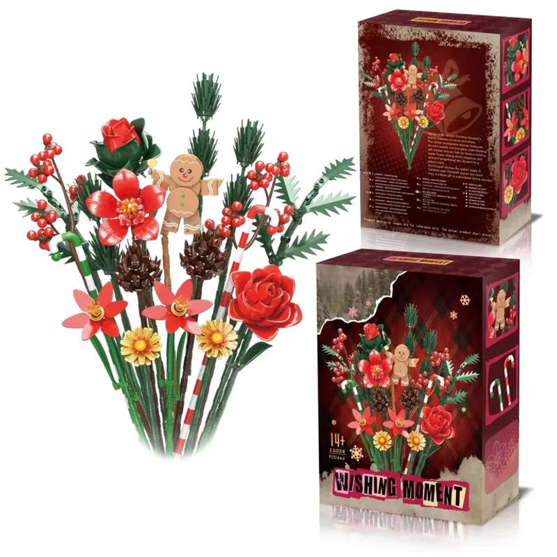HUATEC Weihnachts Blumenstrauß Bausteine Set mit Rosen und Lebkuchen Puppen, Mehrfarbig, DIY Modell aus Kunststoff - Bild 5