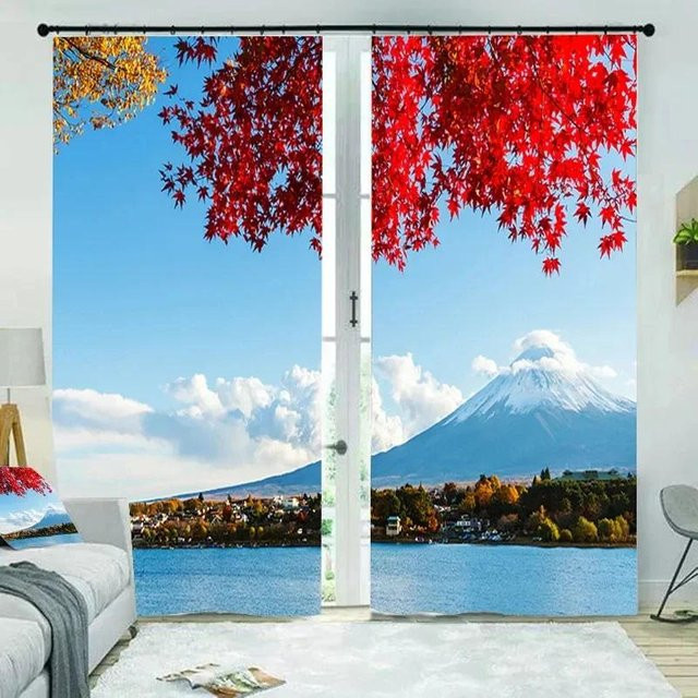 Zweierpack halbtransparente Vorhänge mit Meerblick und Seelandschaft-Muster in Blau von Household supplies MH, Breite: 50 cm, Höhe: 130 cm - Bild 1