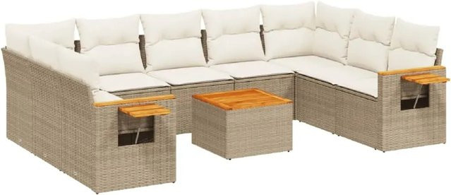 vidaXL 10-tlg. Garten-Sofagarnitur in L-Form aus Polyrattan mit Kissen und Couchtisch, Beige - Bild 1