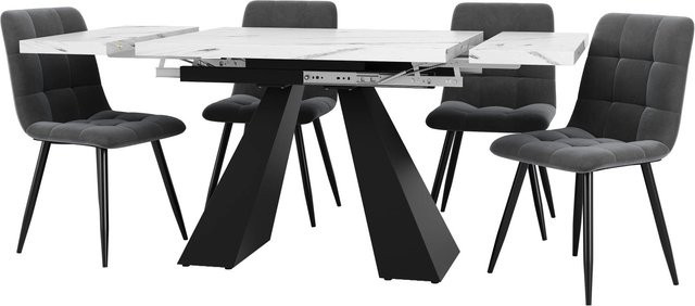 Merax Essgruppe 5-teilig mit Esstisch und Samtstühlen in Weiß und Grau, B/T/H: 160 x 80 x 74 cm - Bild 1