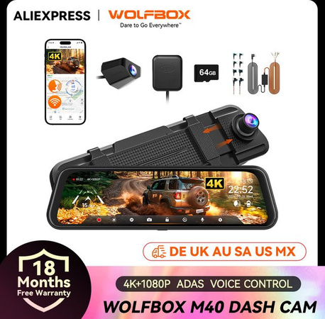 WOLFBOX M40 Dashcam mit 4K UHD Auflösung, Sprachsteuerung, ADAS, 5GHz Wi-Fi und GPS, Vorder- und Rückfahrkamera, Schwarz
