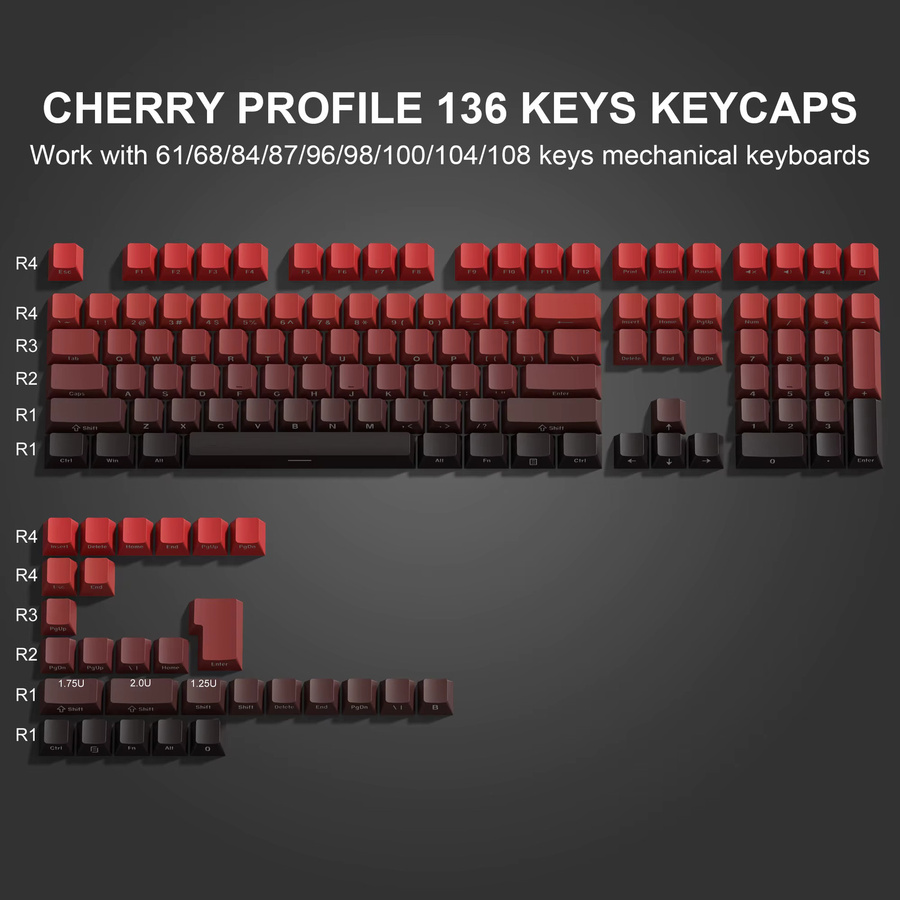 Mechanische MX-Tastatur Tastenkappen Set mit 135 Tasten, PBT Double Shot Shine Through, rotes Kirschprofil, Farbverlauf in Rot und Grün, Seitenabdruck - Bild 2
