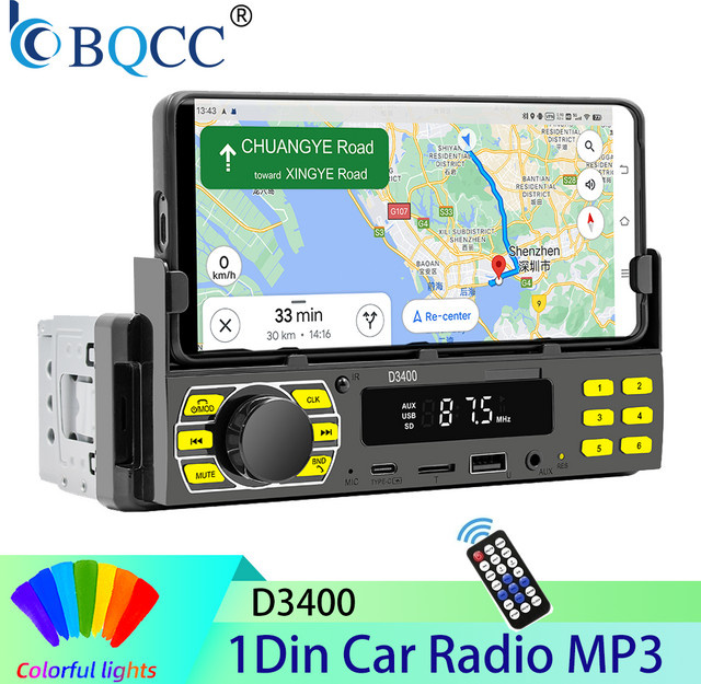BQCC 1Din Autoradio mit Telefonhalterung und 7-Farben-Beleuchtung in Schwarz, Stereo-Player mit FM, USB, SD und AUX - Bild 1