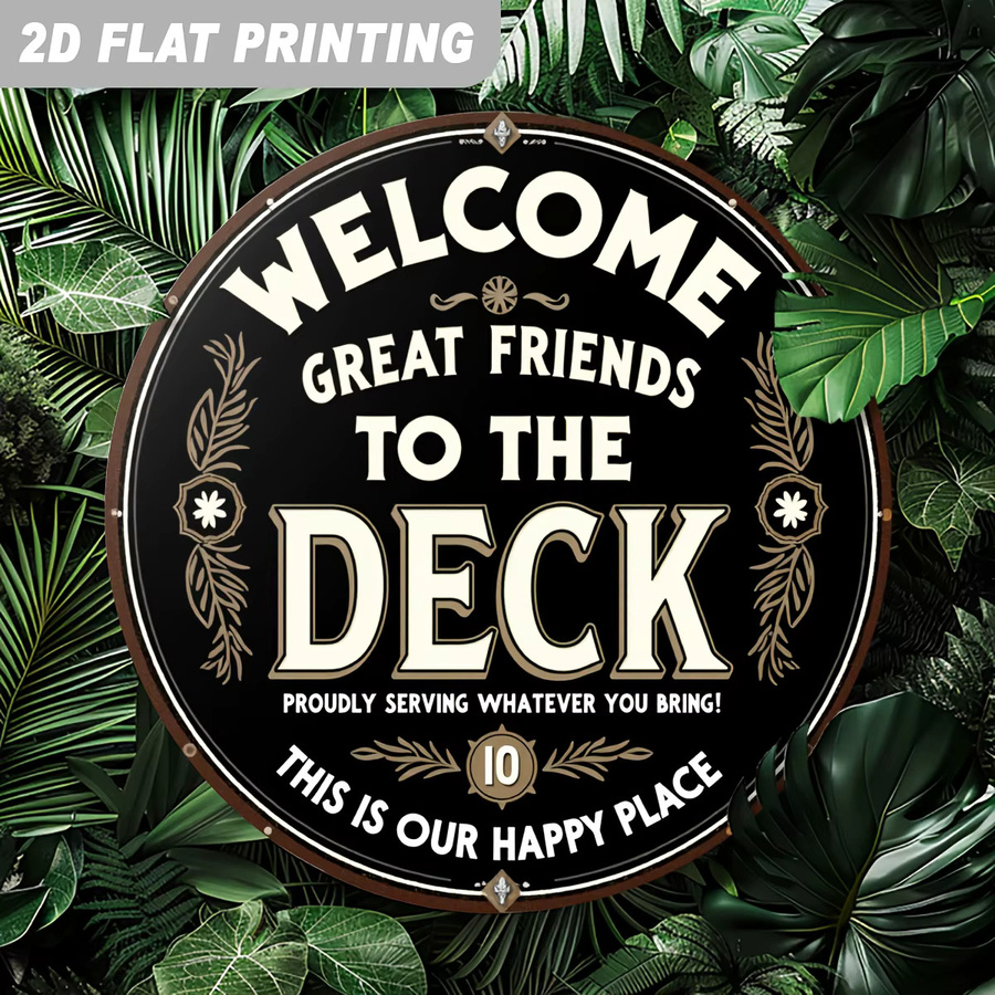 Potdemiel Vintage Willkommensschild Welcome Great Friends to Our Deck aus Aluminium-Metall in Schwarz und Gold, Durchmesser: 20 cm - Bild 6