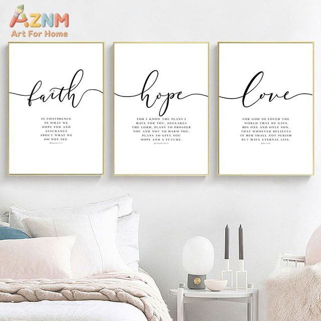 AZNM Leinwand-Wandkunst Glaube Hoffnung Liebe mit Bibelvers in Schwarz-Weiß, minimalistisches Design für deine Heim-Deko - Bild 1