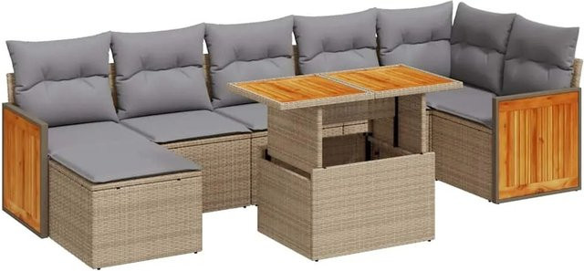 vidaXL 8-teilige Garten-Sofagarnitur in L-Form aus Polyrattan und Akazie mit Kissen in Beige-Grau - Bild 1