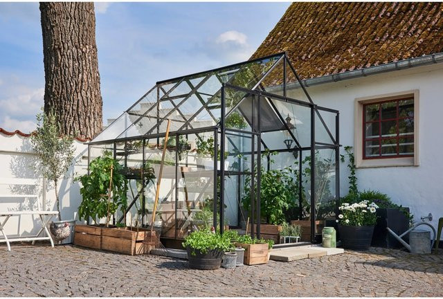 Halls Gewächshaus Qube+ QUBE 8 in Schwarz mit Sicherheitsglas und Aluminiumrahmen sowie Satteldach und 6,6 m² Anbaufläche - Bild 1