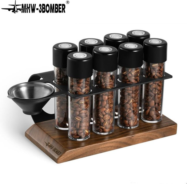 MHW-3BOMBER Kaffeebohnen-Aufbewahrung mit 8 transparenten Glasröhrchen, Auslassventil, Regal und Trichter zur Einzeldosis-Aufbewahrung - Bild 1