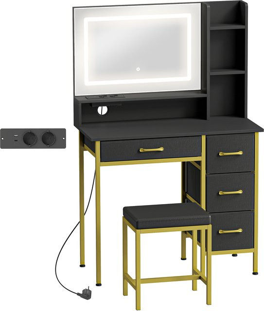 HOMCOM Schminktisch mit Spiegel, LED-Licht in 3 Lichtfarben, Ladestation und Hocker in Schwarz mit Gold, inklusive 4 Stoffschubladen und Ablagen für dein Schlafzimmer - Bild 1