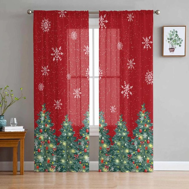 Transparente Weihnachts-Vorhänge mit Schleifen, Sternen und Schneeflocken in Rot, Breite: 135 cm, Höhe: 115 cm - Bild 1