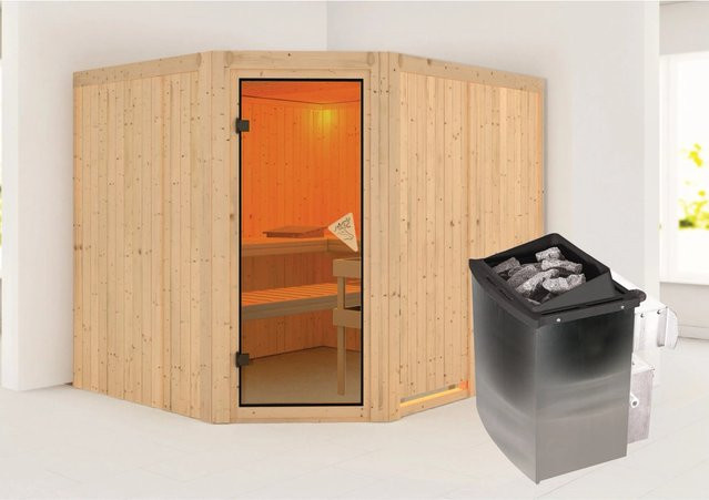 Karibu Sauna MALIN mit 9,0 kW Ofen und integrierter Steuerung, Ganzglastür in Bronze, B/T/H: 231 x 196 x 23,1 cm - Bild 1