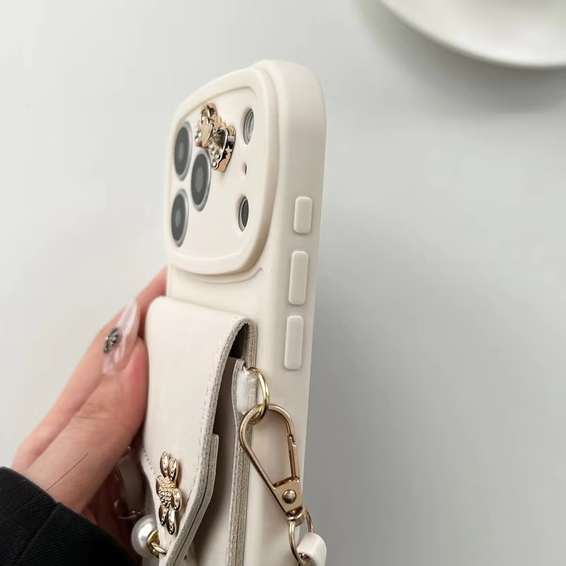 Modische Perlenblumen-Brieftaschenhülle für Apple iPhone 17 Pro Max 16 Plus 15 14 13 12 11 Pro mit Trageriemen, Kartenfach und Umhängekordel in Schwarz - Bild 2