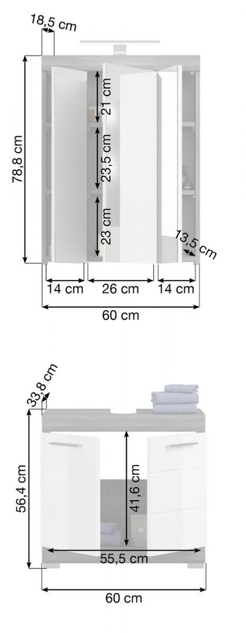 Inn.Furn Badmöbel Set Shawn 2-teilig in Weiß Hochglanz und Grau mit Spiegelschrank und Waschtischunterschrank, Breite: 60 cm - Bild 4