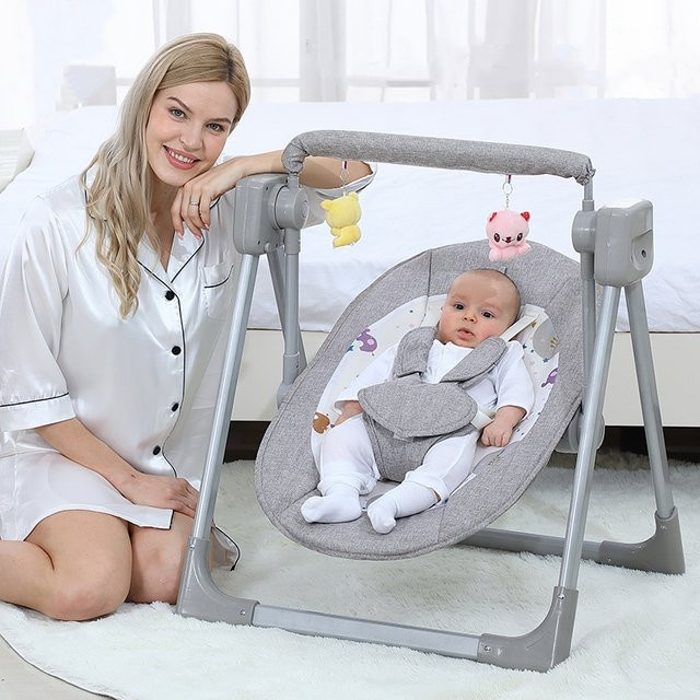 Intelligente elektrische Baby-Wiege mit Fernbedienung und Schaukelstuhl für Säuglinge von 6-12 Monaten, faltbar, grau - Bild 1