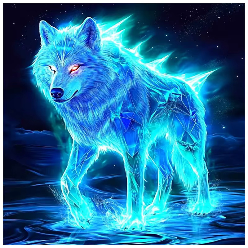HUACAN 5D Diamant-Mosaik-Malerei Runde Tier-Wanddekoration mit Katze, Tiger und Wolf in Blau - Bild 3