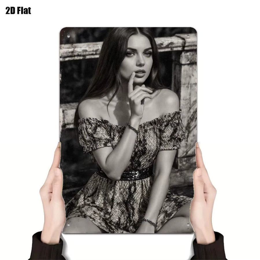 Retro Metall-Wandschild von CIFBUY mit grafischem Motiv einer Frau im Schlangenhaut-Kleid in Schwarz-Weiß - Bild 2