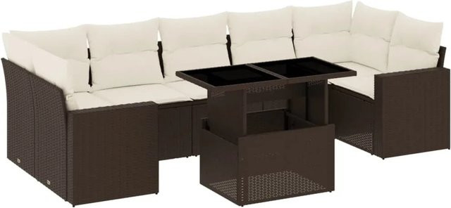 vidaXL 8-tlg. Garten-Sofagarnitur in L-Form aus braunem Poly-Rattan mit Kissen und pulverbeschichtetem Stahlgestell - Bild 1