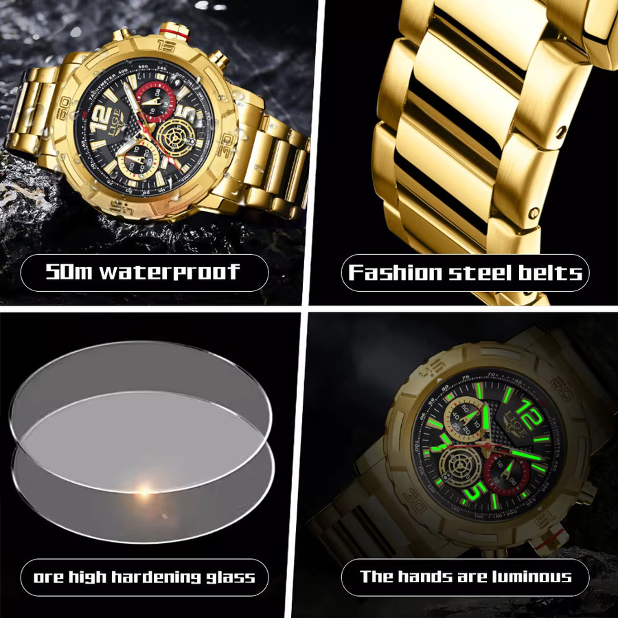 LIGE Armbanduhr, Quarz, Edelstahl, Schwarz, Gold, Herren - Bild 5