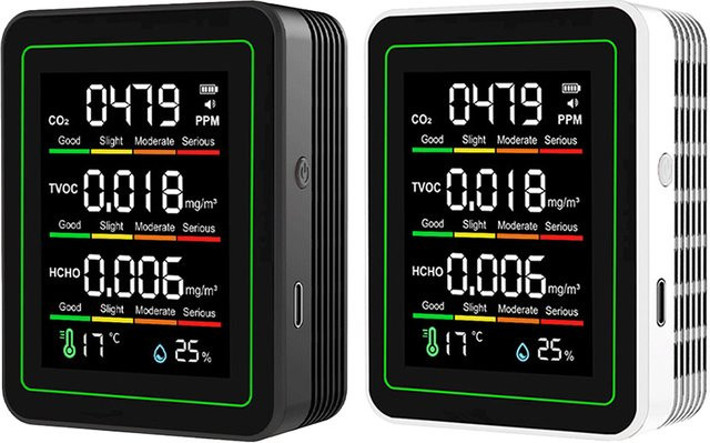 Gaqqee 5-in-1 Luftqualitätsmonitor in Schwarz mit CO2-Detektor, Formaldehyd-Messgerät sowie Temperatur- und Feuchtigkeitsmonitor und Typ-C-Anschluss - Bild 1