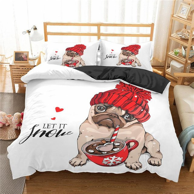 Bettwäsche Set Lodestar Mops 3D Druck mit Bettbezug und Kissenbezügen aus Mikrofaser, Farbe Weiß, B/H: 135 x 200 cm - Bild 1